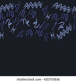 Seamless horizontal  pattern  of zodiac signs, doodles, object,pisces,aquarius,capricorn,virgo,sagittarius,scorpio,libra, lion, copy space. Hand drawn.