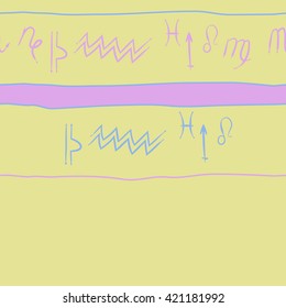 Seamless horizontal  pattern  of zodiac signs, doodles, object, pisces, aquarius, capricorn, virgo, sagittarius, scorpio,  libra, lion,stripes, spot, copy space. Hand drawn.