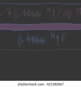 Seamless horizontal  pattern  of zodiac signs, doodles, object, pisces, aquarius, capricorn, virgo, sagittarius, scorpio,  libra, lion,stripes, spot, copy space. Hand drawn.
