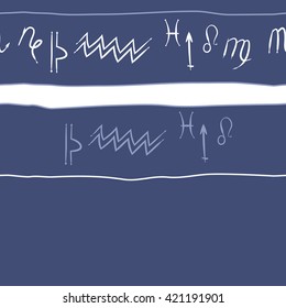 Seamless horizontal  pattern  of zodiac signs, doodles, object, pisces, aquarius, capricorn, virgo, sagittarius, scorpio,  libra, lion,stripes, spot, copy space. Hand drawn.