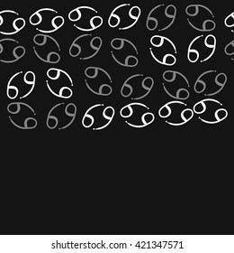 Seamless horizontal pattern  of zodiac signs, doodles, object,cancer, copy space. Hand drawn.