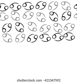 Seamless horizontal pattern  of zodiac signs, doodles, object,cancer, copy space. Hand drawn.