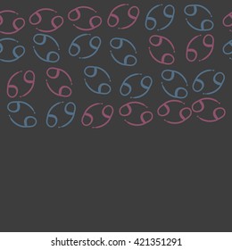 Seamless horizontal pattern  of zodiac signs, doodles, object,cancer, copy space. Hand drawn.