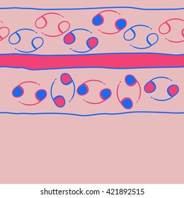 Seamless horizontal  pattern  of zodiac signs, doodles, object,cancer, stripes, spots, copy space. Hand drawn.