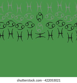 Seamless   horizontal pattern  of zodiac signs, doodles, object,cancer, pisces, copy space. Hand drawn.