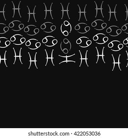 Seamless   horizontal pattern  of zodiac signs, doodles, object,cancer, pisces, copy space. Hand drawn.