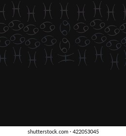 Seamless   horizontal pattern  of zodiac signs, doodles, object,cancer, pisces, copy space. Hand drawn.
