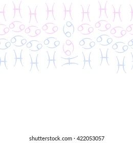 Seamless   horizontal pattern  of zodiac signs, doodles, object,cancer, pisces, copy space. Hand drawn.