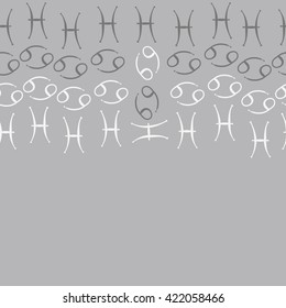 Seamless   horizontal pattern  of zodiac signs, doodles, object,cancer, pisces, copy space. Hand drawn.