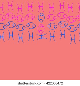 Seamless   horizontal pattern  of zodiac signs, doodles, object,cancer, pisces, copy space. Hand drawn.