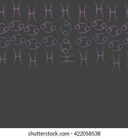 Seamless   horizontal pattern  of zodiac signs, doodles, object,cancer, pisces, copy space. Hand drawn.