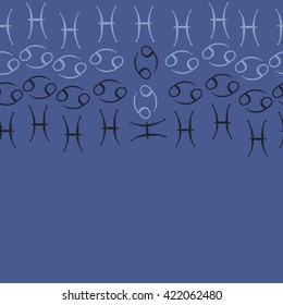 Seamless   horizontal pattern  of zodiac signs, doodles, object,cancer, pisces, copy space. Hand drawn.