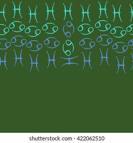 Seamless   horizontal pattern  of zodiac signs, doodles, object,cancer, pisces, copy space. Hand drawn.