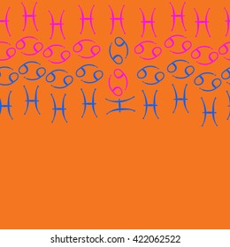 Seamless   horizontal pattern  of zodiac signs, doodles, object,cancer, pisces, copy space. Hand drawn.