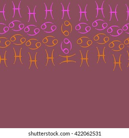 Seamless   horizontal pattern  of zodiac signs, doodles, object,cancer, pisces, copy space. Hand drawn.