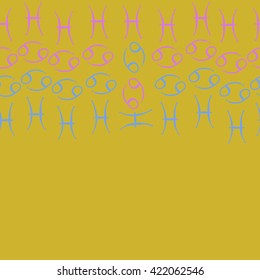 Seamless   horizontal pattern  of zodiac signs, doodles, object,cancer, pisces, copy space. Hand drawn.