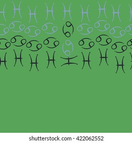 Seamless   horizontal pattern  of zodiac signs, doodles, object,cancer, pisces, copy space. Hand drawn.