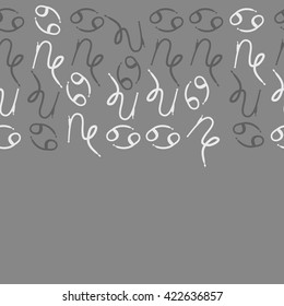 Seamless horizontal pattern  of zodiac signs, doodles, object,cancer, capricorns, copy space. Hand drawn.