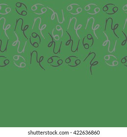 Seamless horizontal pattern  of zodiac signs, doodles, object,cancer, capricorns, copy space. Hand drawn.