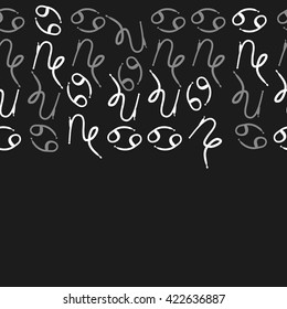 Seamless horizontal pattern  of zodiac signs, doodles, object,cancer, capricorns, copy space. Hand drawn.