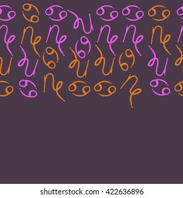 Seamless horizontal pattern  of zodiac signs, doodles, object,cancer, capricorns, copy space. Hand drawn.