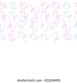 Seamless horizontal pattern  of zodiac signs, doodles, object,cancer, capricorns, copy space. Hand drawn.