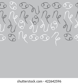 Seamless horizontal pattern  of zodiac signs, doodles, object,cancer, capricorns, copy space. Hand drawn.