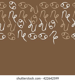 Seamless horizontal pattern  of zodiac signs, doodles, object,cancer, capricorns, copy space. Hand drawn.