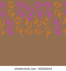 Seamless horizontal pattern  of zodiac signs, doodles, object,cancer, capricorns, copy space. Hand drawn.