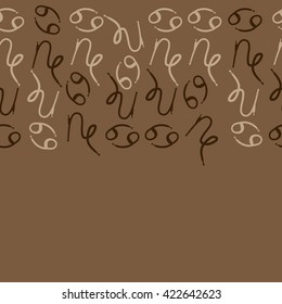 Seamless horizontal pattern  of zodiac signs, doodles, object,cancer, capricorns, copy space. Hand drawn.