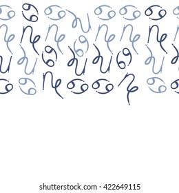 Seamless horizontal pattern  of zodiac signs, doodles, object,cancer, capricorns, copy space. Hand drawn.
