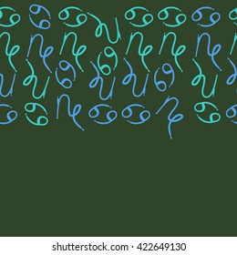 Seamless horizontal pattern  of zodiac signs, doodles, object,cancer, capricorns, copy space. Hand drawn.