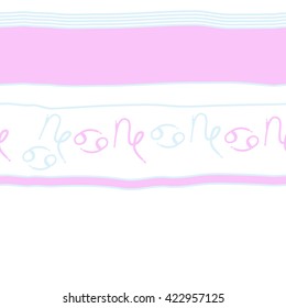 Seamless horizontal pattern  of zodiac signs, doodles, object,cancer, capricorns,stripes,spots, copy space. Hand drawn.