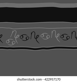 Seamless horizontal pattern  of zodiac signs, doodles, object,cancer, capricorns,stripes,spots, copy space. Hand drawn.
