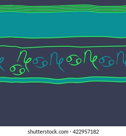 Seamless horizontal pattern  of zodiac signs, doodles, object,cancer, capricorns,stripes,spots, copy space. Hand drawn.