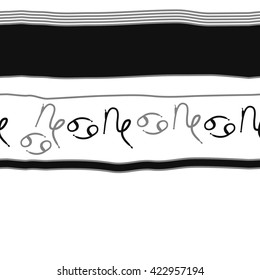 Seamless horizontal pattern  of zodiac signs, doodles, object,cancer, capricorns,stripes,spots, copy space. Hand drawn.