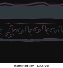 Seamless horizontal pattern  of zodiac signs, doodles, object,cancer, capricorns,stripes,spots, copy space. Hand drawn.