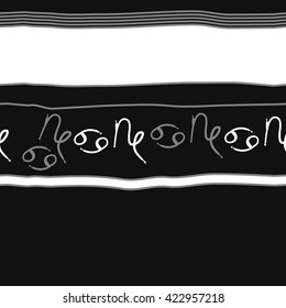 Seamless horizontal pattern  of zodiac signs, doodles, object,cancer, capricorns,stripes,spots, copy space. Hand drawn.