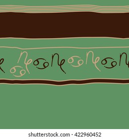Seamless horizontal pattern  of zodiac signs, doodles, object,cancer, capricorns,stripes,spots, copy space. Hand drawn.