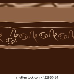 Seamless horizontal pattern  of zodiac signs, doodles, object,cancer, capricorns,stripes,spots, copy space. Hand drawn.