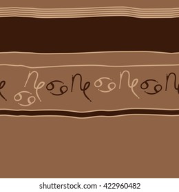 Seamless horizontal pattern  of zodiac signs, doodles, object,cancer, capricorns,stripes,spots, copy space. Hand drawn.