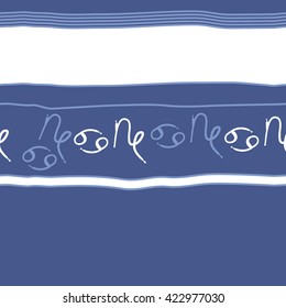 Seamless horizontal pattern  of zodiac signs, doodles, object,cancer, capricorns,stripes,spots, copy space. Hand drawn.
