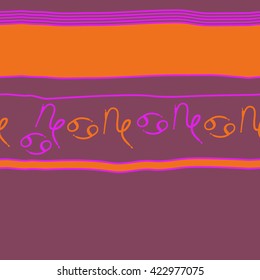 Seamless horizontal pattern  of zodiac signs, doodles, object,cancer, capricorns,stripes,spots, copy space. Hand drawn.