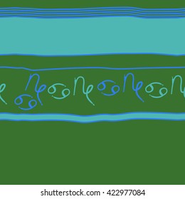 Seamless horizontal pattern  of zodiac signs, doodles, object,cancer, capricorns,stripes,spots, copy space. Hand drawn.