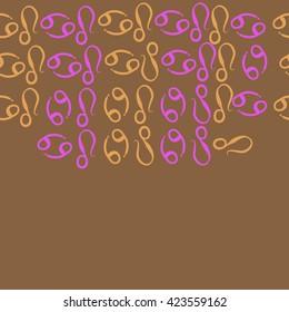 Seamless horizontal pattern of zodiac signs, lions, cancers, doodles, object, copy space. Hand drawn.