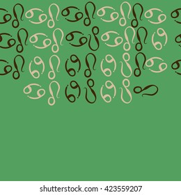 Seamless horizontal pattern of zodiac signs, lions, cancers, doodles, object, copy space. Hand drawn.