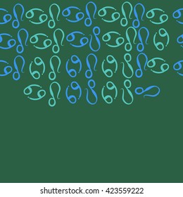 Seamless horizontal pattern of zodiac signs, lions, cancers, doodles, object, copy space. Hand drawn.