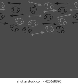 Seamless horizontal pattern  of zodiac signs, doodles, object,cancer,sagittarius, copy space. Hand drawn.