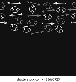 Seamless horizontal pattern  of zodiac signs, doodles, object,cancer,sagittarius, copy space. Hand drawn.
