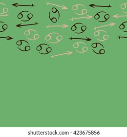 Seamless horizontal pattern  of zodiac signs, doodles, object,cancer,sagittarius, copy space. Hand drawn.
